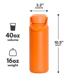Elemental 40oz Insulated Water Bottle with Straw - 100% Leak-Proof Stainless Steel Core Water Bottles for Travel, Sports and Gym - Double Wall Insulation & BPA Free - Orange