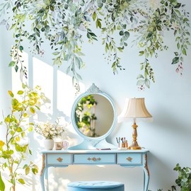 Hojas de plantas verdes, calcomanías de pared despegables y adhesivas, grandes pegatinas de flores florales, decoración de pared removible con enredaderas para el dormitorio, sala de estar