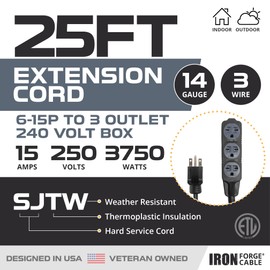Iron Forge Cable 25 Ft Extension Cord with 3 Outlets - Extension Cord, 6-15P to Three Box Outlets Black 14 Gauge, SJTW 220/240 Volt Cord Heavy Duty