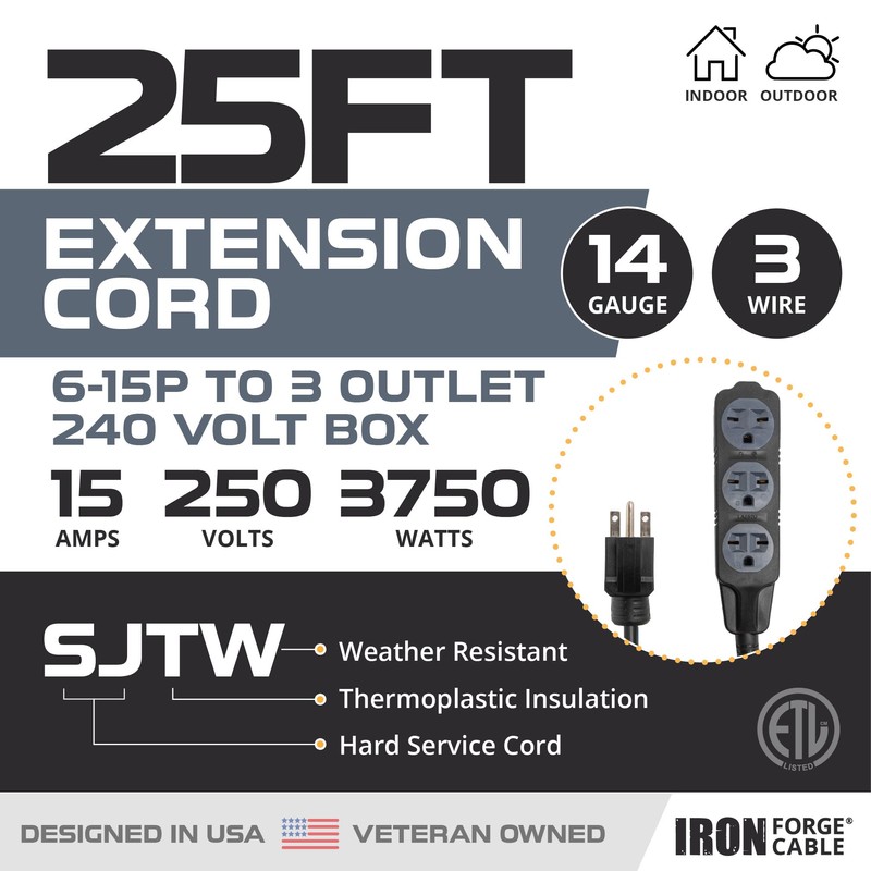 Iron Forge Cable 25 Ft Extension Cord with 3 Outlets