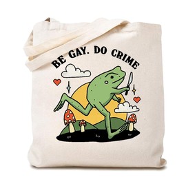 Frog Canvas Tote Bag for Women Be Gay Do Crime Shopping Bag Reusable Bag Eco-Friendly Bag Lesbian Gift White