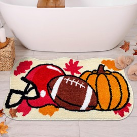Hexagram Fall Bathroom Rug, Football Fall Rug for Bathroom Indoor, Pumpkin Bath Mat, Autumn Farmhouse Decorations, Soft Non Slip Bath Mat 16x31.5 Inches