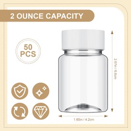 Lallisa 50 Pcs 2 Oz Plastic Juice Shot Bottles with Caps, Mini Clear Juice Bottle with Lid, Reusable Leakproof Ginger Containers for Liquids Wheatgrass Ginger Jars(White Lids)