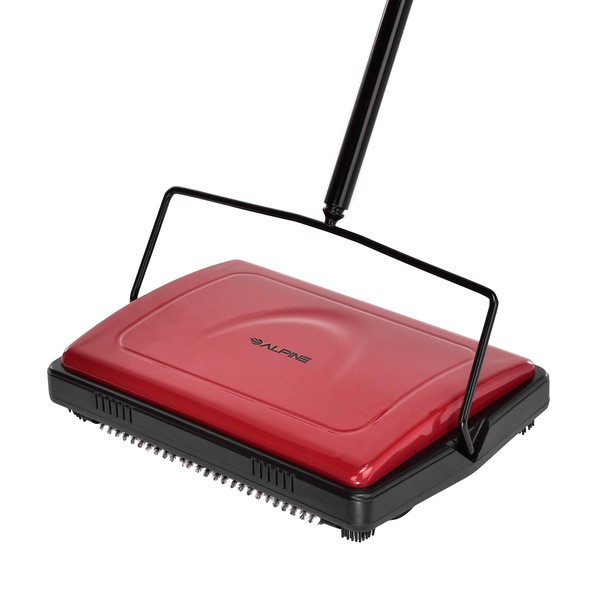 Alpine Floor & Carpet Sweeper Triple Brush – Non Electric Multi-Surface Cleaner - Easy Manual Sweeping for Carpeted Floors (Red)