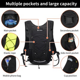 BiYiYun 15L Small Hiking Backpack Lightweight Hydration Backpack for Men Women, Warterproof Hiking Daypack for Travel Camping Cycling Running Outdoor (Black)