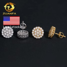 Fully Iced Out Moissanite Diamond Earrings Cluster Pass Diamond Tester 925 Silver Round Paved Moissanite Screw Back EarringsSize: 10.5mm, Color: Gold