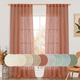 LAMIT Semi Sheer Linen Curtains for Living Room, Back Tab and Rod Pocket Terracotta Curtains Light Filtering Country Rustic Neutral Drapes for Bedroom/Farmhouse, 2 Panels, 52 x 102 Inch