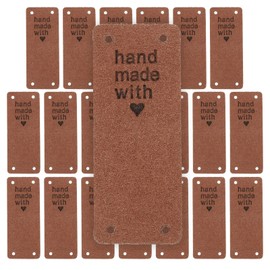 MECCANIXITY 20pcs Handmade PU Leather Tag Label Button with Hole Sew on Embossed Embellishment for Crochet Knitting Jeans Bags Hat Purses Brown