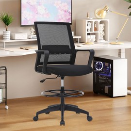 Drafting Chair Tall Office Chair Adjustable Swivel Rolling Mesh Height with Lumbar Support Arms Footrest Mid Back for Adults Standing Desk Drafting Stool (Black)