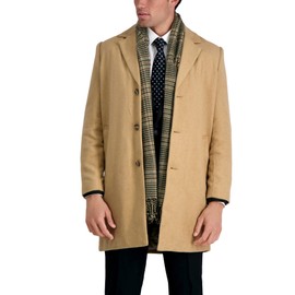 Haggar Men's Mid-Length Single Breasted Brushed Twill Topcoat, Camel, Small