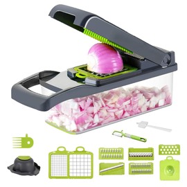 BEE VIBES Picador de Verduras - Picadora de Vegetales 12 en 1 Multifunción, Cuchillas de Acero Inoxidable para Picar frutas, Ensaladas. Cortador con Contenedor Cepillo de Limpieza y Protectores Dedos