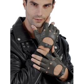 GSG Mens Fingerless Leather Gloves Driving Cycling Motorcycle Half Gloves Unlined 10.5 Green