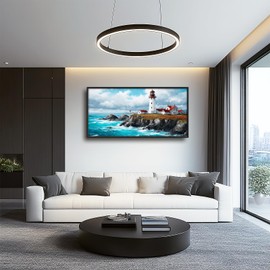 Large Lighthouse Wall Art for Living Room Big Coastal Lighthouse Wall Decor Beach Coastline Canvas Prints Painting Sea Pictures Ocean Seascape Decorations for Bedroom Office Framed Gifts 30"x60"