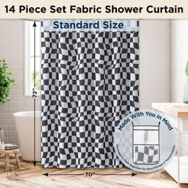Stitch and Stone Fabric Shower Curtain Set, Polyester Liner with Hanging Bath Caddy Organizer to Hold Accessories, and 12 Hook Set 70" x 72" 14 Piece Set - Wiggle Checkerboard