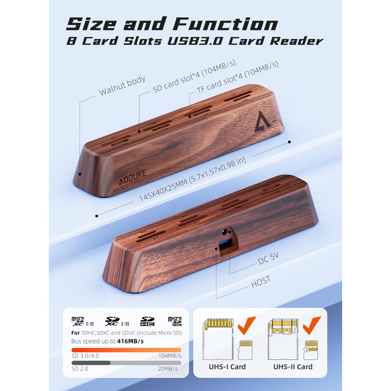 AODUKE 8-Port USB 3.0 SD Card Reader, Walnut Wood Design