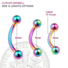 2pc Curved J-Curve Barbell 16g 1.2mm Rainbow Vertical Labret Bar Lip Industrial Bar Earrings Nipple 10mm - Clear Retainer Keeper
