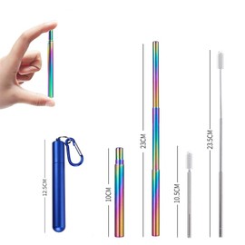 APIKA Telescopic Drinking Straws Reusable Portable Stainless Steel Drinking Straws with Cleaning Brush, Case and Carabiner Hook (Blue+Rainbow Straw)