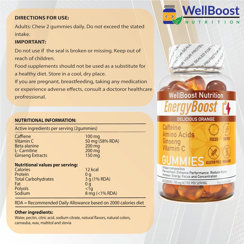 WellBoost Energy Boost - Pre Workout, Caffeine, Ginseng, VIT C,