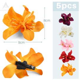 ANNASAMDO 5 Stück Hawaii Blumen Haarklammer, Orchidee Blume Haarspange Haarschmuck Haarnadeln Flower Hair Clip für Damen Hochzeit Urlaub Party Strand Sommer