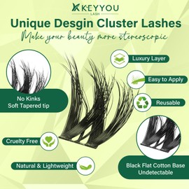 KEYYOU Lash Clusters 3D Effect Volume Eyelash Clusters Flaunt Style 144PCS D Curl Flora Wispy Look LengthLock 8–18mm Mix Ultra-Thin Black Band (PuffSilk V3D01)