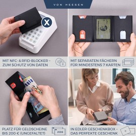 VON HEESEN Slim Wallet with RFID Protection - Men's Small Wallet - Mini Purse Women's Wallet - Card Holder Genuine Leather Card Wallet - Leather Credit Card Holder, Black Saffiano, XL coin pocket, XL