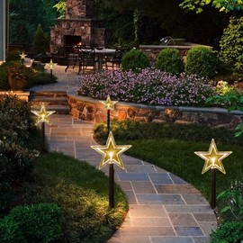 Solar Pathway Lights Five-Pointed Star LED Light Waterproof Christmas Decoration Lights with Timer, Indoor and Outdoor Ground Lawn Night Lights Holiday Party Decoration (5 Pack) Warm White - Star