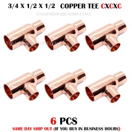 PAKA TOOLS 6 PC - 3/4" x1/2" x 1/2” COPPER REDUCING TEE FOR PLUMBING