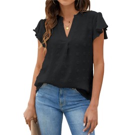 Blooming Jelly Womens White Blouse V Neck Ruffle Sleeve Flowy Shirts Dressy Casual Cute Summer Tops(Large, Black)