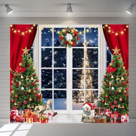 Christmas Backdrop for Photography 10x8ft Window Winter Night Forest Xmas Tree Snowflake Red Curtain Background Christmas Party Decorations Photo Backdrops for Photoshoot Photo Booth