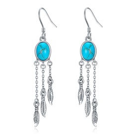 Shinykend 925 Sterling Silver Turquoise Dangle Drop Earrings for Women, Bohemian Turquoise Feather Shaped Drop Earring for Gifts (Sterling Silver)