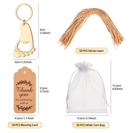 50PC Footprint Keychain Bottle Opener Baby Shower Favors for Guest Baby Shower Souvenirs, Gifts, Supplies and Decorations, Baby Shower Souvenirs with Organza Bag Thank You Tag 20m String (Gold)