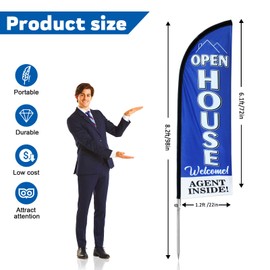QSUM 8FT Open House Flag, Open House Signs for Real Estate, Open House Banner, Open House Flags, Open House Flags Sign Supplies with Stainless Steel Flagpole Kit and Ground Spike (Blue)