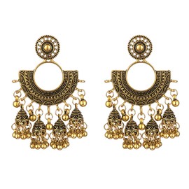 Retro Traditional Jhumka Jhumki Drop Earrings for Women Tassel Bell Beaded Ball Wedding Party Oxidized Dangle Earring Bollywood Bohemian Dangling Earring Ethnic Gypsy Indian Jewelry Gifts (Gold)