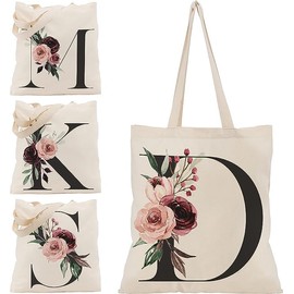 Floral Initial Canvas Bag Gifts for Women - 15"x16" Shoulder Tote Bags for Bridesmaids Hen Party Teacher Gift Shopping Bag C1 (Initial #D)