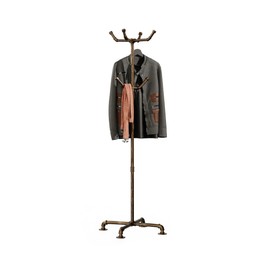 THRONKENGER Industrial Coat Rack, Metal Pipe Coat Rack Stand Freestanding with 6 Hooks, Heavy Duty Coat Tree Sturdy Coat Racks for Entryway, Hallway, Bedroom (Vintage gold)