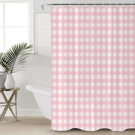 Pink Buffalo Plaid Shower Curtain Set - Standard 72" x 72" Washable Bathtub Curtain with 12 Hooks, Farmhouse Pink White Checkered Stall Waterproof Fabric Shower Curtains for Bathroom/Bathtub Décor