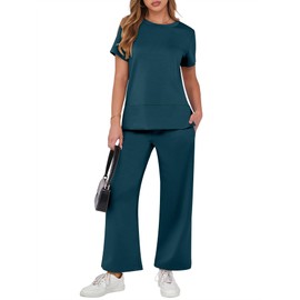 ANRABESS Women 2 Piece Lounge Sets Summer Travel Sweat Outfits Short Sleeve Wide Leg Casual Matching Tracksuits Clothes Lake Green X-Large