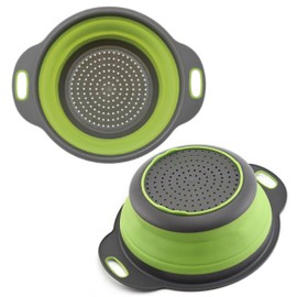 Green Round Silicone Collapsible Colander – Silicone Round Small Kitchen Strainers with Plastic Handles Foldable Kitchen Strainer Perfect for Draining Pasta Vegetable and Fruit