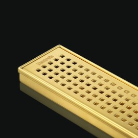 Neodrain 18-Inch Brushed Brass Linear Shower Drain with Removable Quadrato Pattern Grate,Professional 304 Stainless Steel Gold Rectangle Shower Floor Drain Manufacturer,Linear Drainwith Hair Strainer