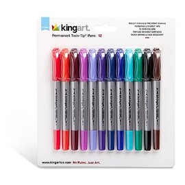 KINGART Studio Permanent Fine & Ultra Fine Point Twin-Tip Pens, Set of 12 Unique & Vivid Colors
