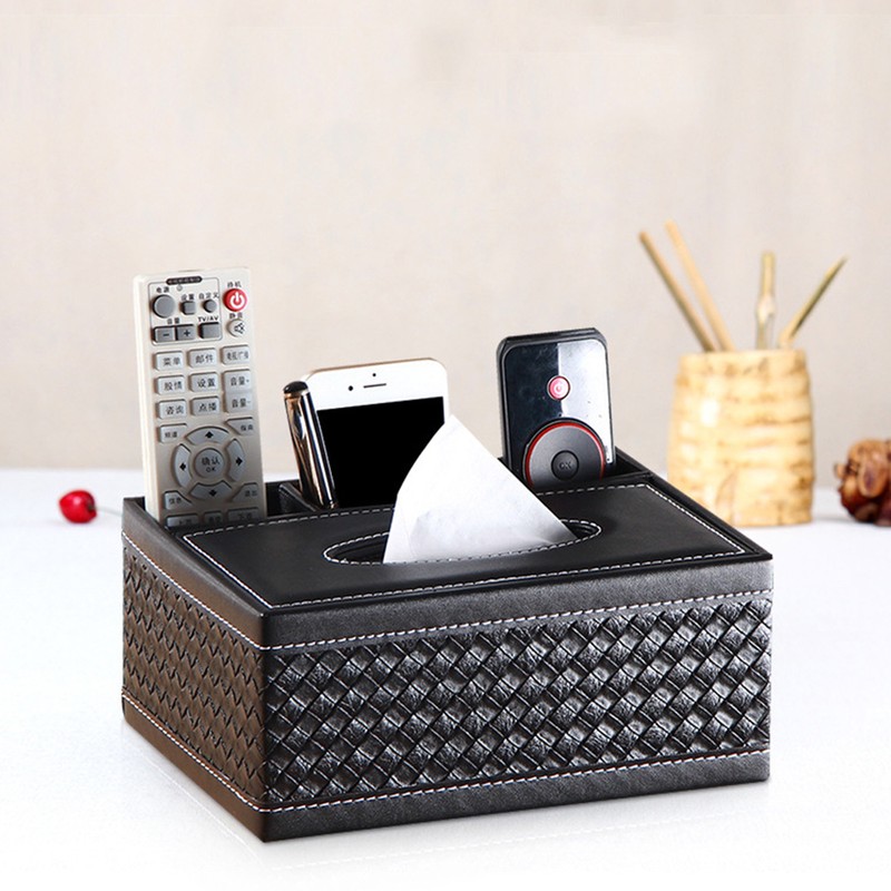 PU Leather Rectangular Remote Control Tissue Box Organizer Tissue Box