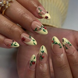 CECOBAG 24Pcs Short Almond Shape Nails with 3D Ladybug Leaf Decoration, Summer Full Coverage Cute Gel Patch Nails