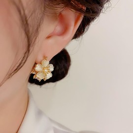 Dainty Gold Crystal Flower Hoop Earrings Hypoallergenic Opal Floral Statement Earrings Trendy Prom Banquet Jewelry Accessory Presents for Women Wife (Gold)