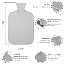BOLEi BOLEi Hot Water Bottle with Luxury Cosy Faux Fur Cover,2L Leakproof Large Hot Water Bag for Neck,Shoulder,Hand Feet Warmer,Ideal for Women,Men(Grey)