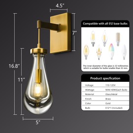 HONG DIRECT Raindrop Wall Sconces, Brass Wall Sconces Stairway Gold Wall Light with Luxury Clear Glass, Brass Sconces for Living Room, Modern Bathroom Vanity Light for Hallway, Bedroom