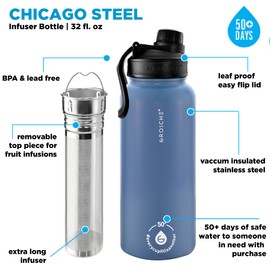 GROSCHE Chicago Steel Infuser Bottle, tea infuser flask, infuser water bottle thermos, Insulated Stainless Steel flask with tea infuser (Blue, 32 fl oz)