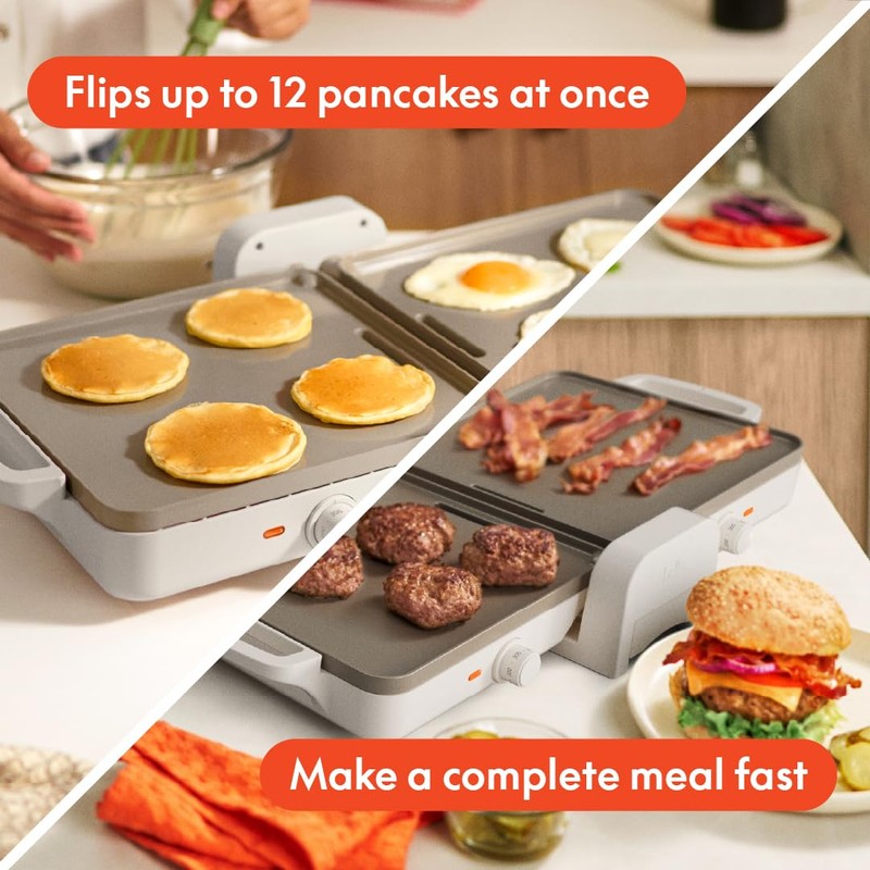 Bella 10"x 20" Ceramic Fold-n-Store Dual Temp Griddle, Fits-anywhere Kitchenware,