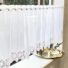 Intelix CF3-100-60 Embroidered Lace Small Window, Japanese Sewing, Width 39.4 inches (100 cm), Length 23.6 inches (60 cm), Cafe Curtain, Aster, White