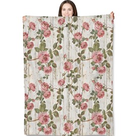 Vintage Rose Floral Throw Blanket for Adults Kids, 50x60 in, Rustic Pink Garden Roses Theme Flannel Blankets for Bedroom, Couch, Travel, Home Decor, Fuzzy Soft Cozy Warm Gifts