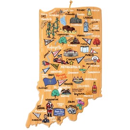 Totally Bamboo Indiana State Shaped Cutting Board and Charcuterie Serving Platter with Artwork by Fish Kiss, Includes Hang Tie for Wall Display